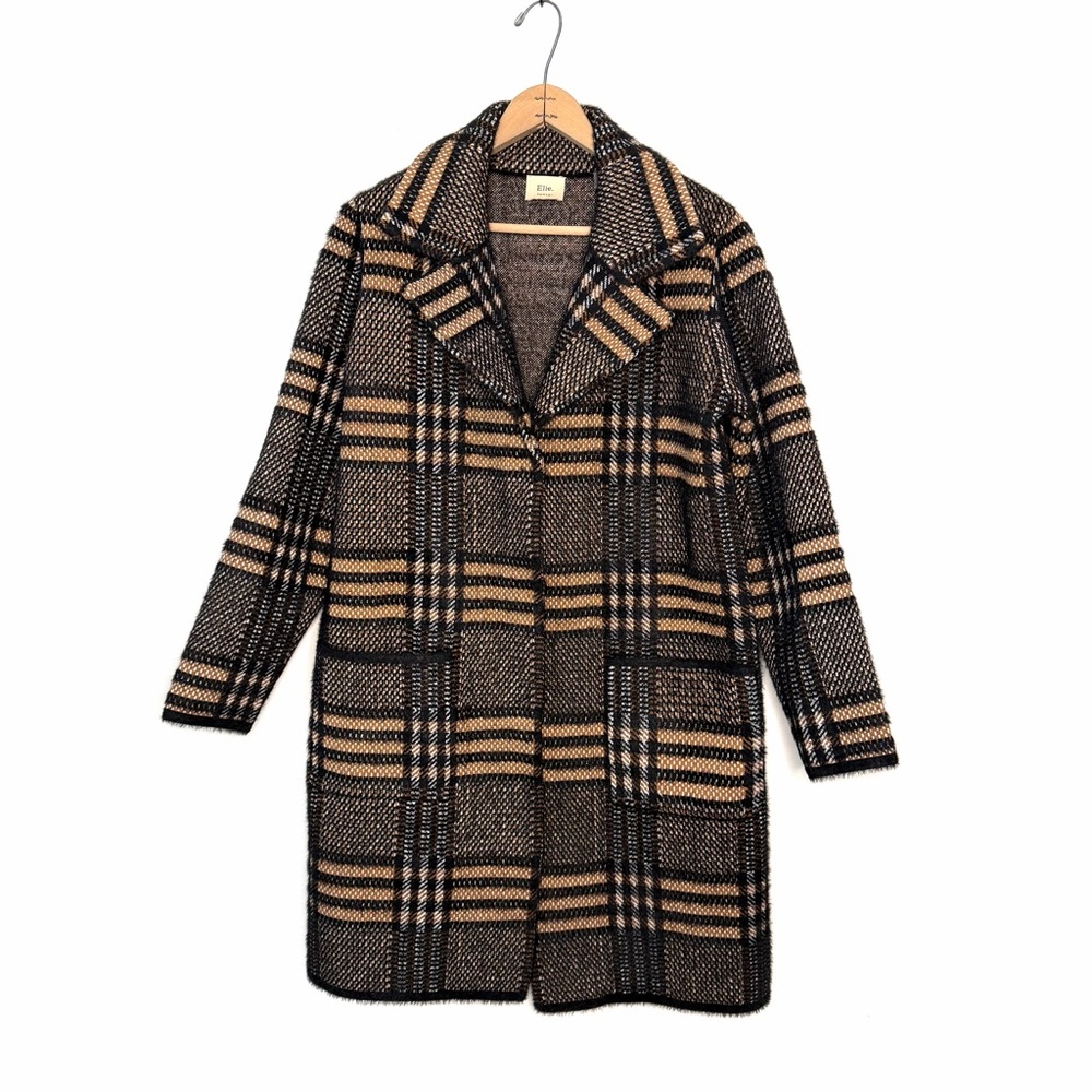 Elie Tahari Brown Plaid Front Button Long Sweater Coat Size Medium